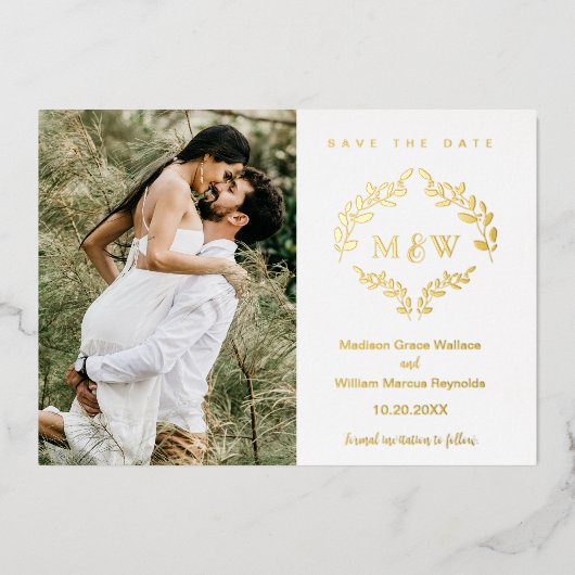 ルクセ結婚ス・クレストモノグラムリースカスタム写真 箔招待状 (正面)