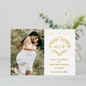 ルクセ結婚ス・クレストモノグラムリースカスタム写真 箔招待状 (立ち正面)