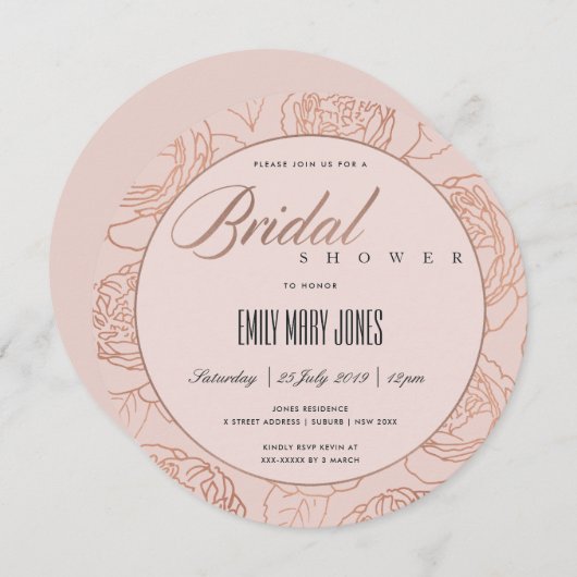 ルクセ赤面ピンクローズ金ゴールドフローラブライダルシャワー 招待状 (正面/裏面)