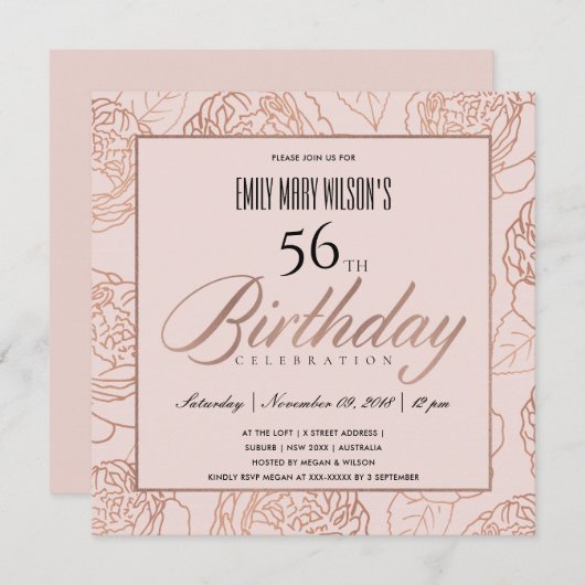 ルクセ赤面ピンクローズ金ゴールドフローラ任意の年齢誕生日 招待状 (正面/裏面)