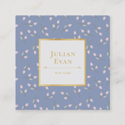 ルクセ金ゴールドダスティブルーフラワーパターンビジネスカード スクエア名刺 (正面)