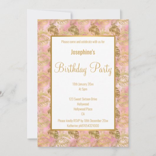 ルクセ金ゴールドピンクパームリーフ誕生日招待状 招待状 (正面)