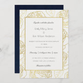 ルクセ金ゴールドホワイトエレガントネイビーバラ結婚フローラ 招待状 (正面/裏面)