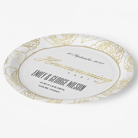 ルクセ金ゴールド白エレガントバラフローラ引っ越し祝いパーティー ペーパープレート (アングル)