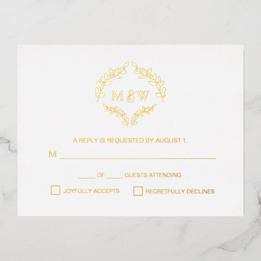 ルクセ金ゴールド結婚のモノグラムの紋章の食事の選択 箔シーズンポストカード (正面)