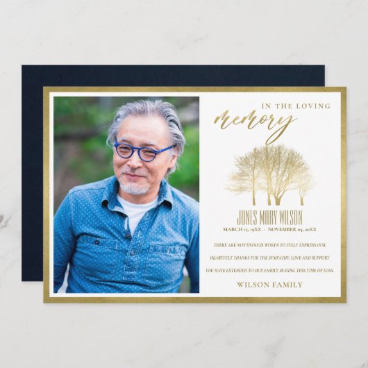 ルクセ金箔秋ツリー悔やみや弔慰記念写真T サンキューカード (正面/裏面)