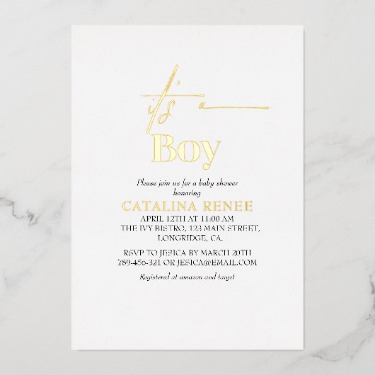 ルクース金ゴールドその男の子の赤ちゃんシャワー 箔招待状 (正面)