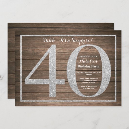 ルシック・サプライズ40歳誕生日招待状シルバー 招待状 (正面/裏面)