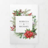 ルスティックなポインセチアのQRコード付きクリスマスウェディング 三つ折り招待状 (カバー)