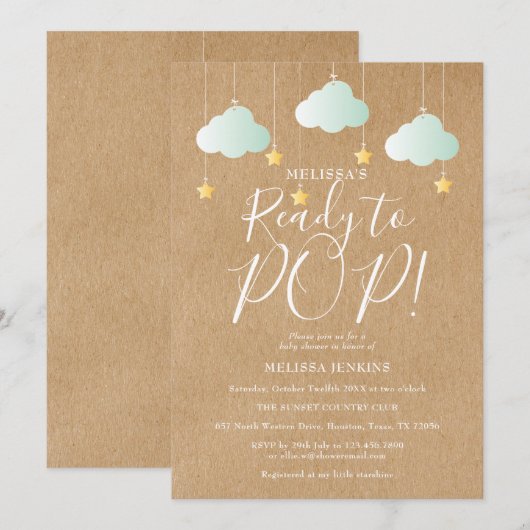 ルスティックな雰囲気で輝く「Ready to Pop」ベビーシャワー 招待状 (正面/裏面)