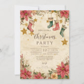 ルスティックな靴下とポインセチアのクリスマス 招待状 (正面)