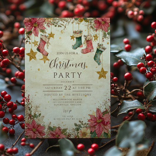 ルスティックな靴下とポインセチアのクリスマス 招待状
