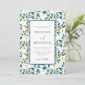 ルスティックブルーとゴールドのボタニカルウェディングフォト 招待状 (スタンド正面)