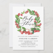 ルスティック ウォーターカラー 赤いさくらんぼの花輪 ベビーシャワー 招待状 (正面)