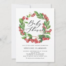 ルスティック ウォーターカラー 赤いさくらんぼの花輪 ベビーシャワー 招待状