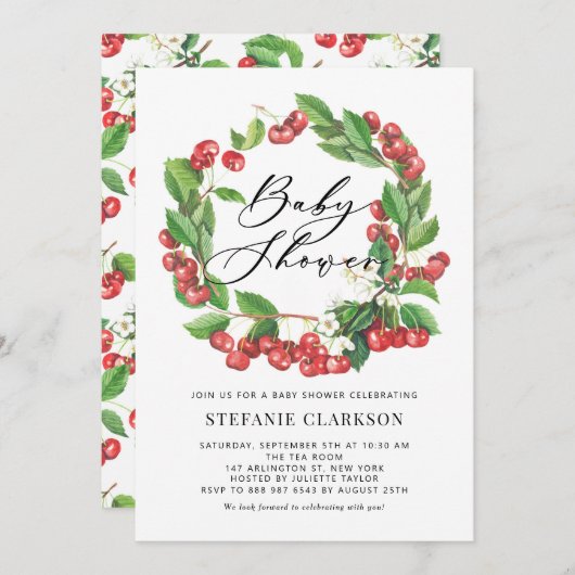 ルスティック ウォーターカラー 赤いさくらんぼの花輪 ベビーシャワー 招待状 (正面/裏面)