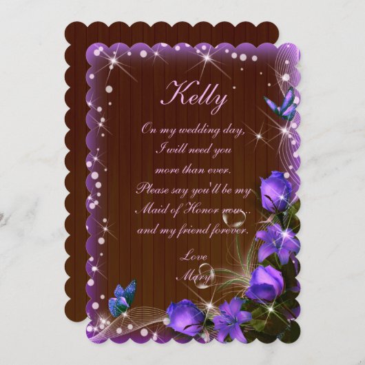 ルスティック ダーク ウッド パープル フローラル ブライズメイド オブ オナー 招待状 (正面/裏面)