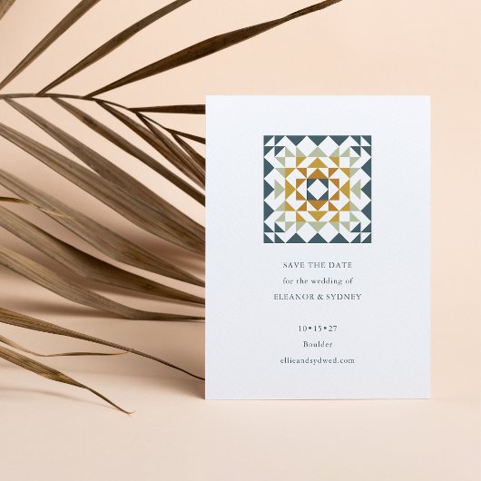 ルスティック ティールグリーン オータム ジオメトリック キルト ウェディング セーブザデート