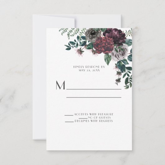ルスティック バーガンディーとフォレストグリーン フローラル リース | 出欠カード (裏面)