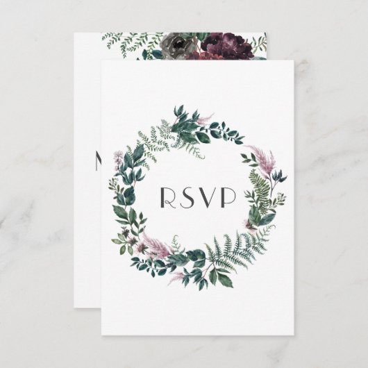 ルスティック バーガンディーとフォレストグリーン フローラル リース | 出欠カード (正面/裏面)