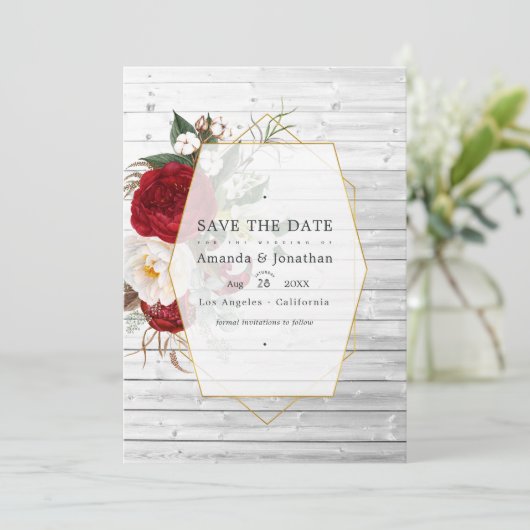 ルスティック バーガンディーとホワイト フローラル ジオメトリック ウェディング セーブザデート (スタンド正面)