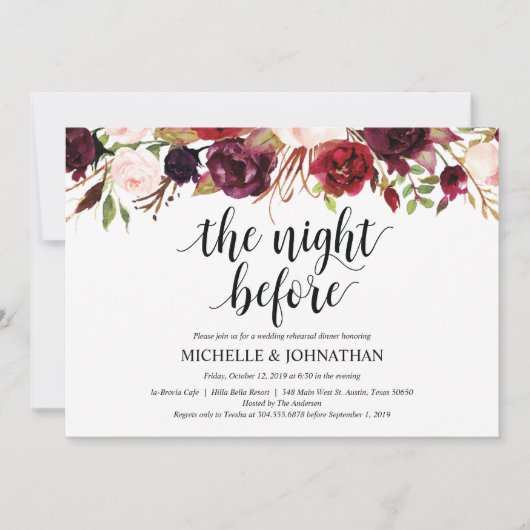 ルスティック バーガンディー ウェディング リハーサル ディナー 招待状 (正面)