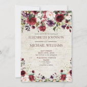 ルスティック バーガンディ ウォーターカラー フラワーバーチ ウェディング 招待状 (正面)