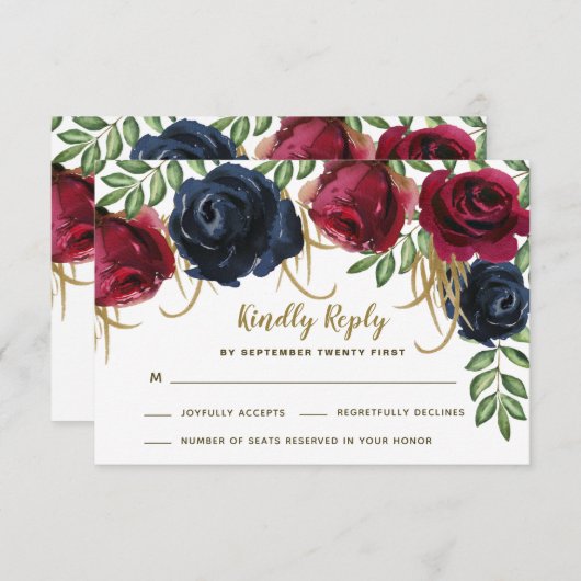 ルスティック バーガンディ ネイビーブルー ウェディング RSVP カード (正面/裏面)
