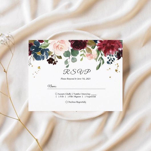 ルスティック バーガンディ ネイビーブルー & レッド ビューティー フラワーズ インビテーションポストカード