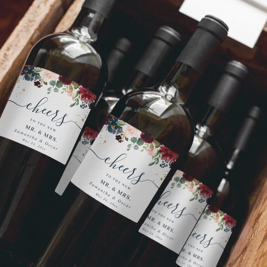 ルスティック バーガンディ ネイビーブルー & レッド ビューティー フラワーズ ワインラベル