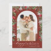 ルスティック バーガンディ ハッピー ホリデーズ フォリアージュ アーチ フォト シーズンカード (正面)