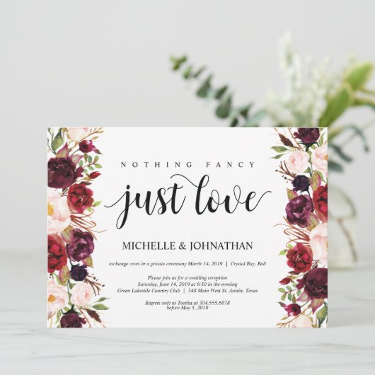 ルスティック バーガンディ フラワーの秘密の結婚式の招待状 招待状 (スタンド正面)