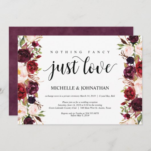 ルスティック バーガンディ フラワーの秘密の結婚式の招待状 招待状 (正面/裏面)