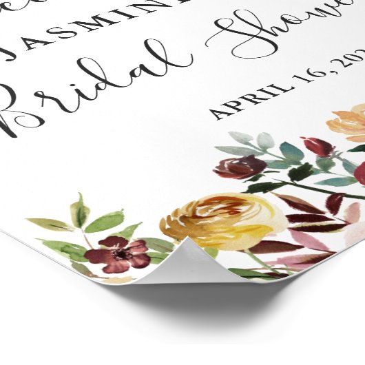 ルスティック バーガンディ フラワーブライダルシャワーサイン ポスター (角)