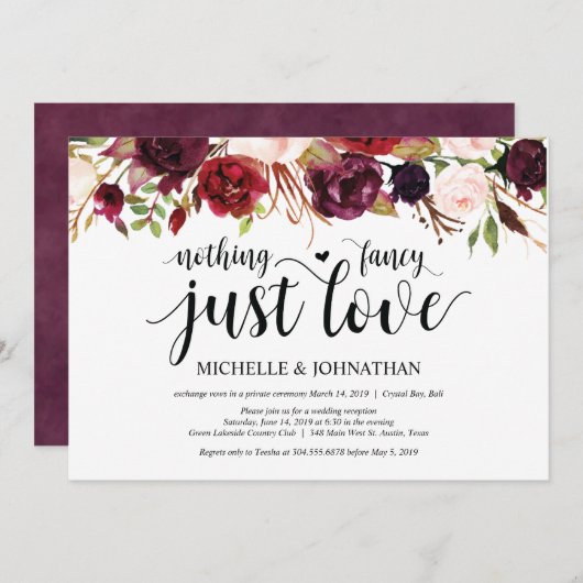 ルスティック バーガンディ フラワー エロープメント レセプション 招待状 (正面/裏面)