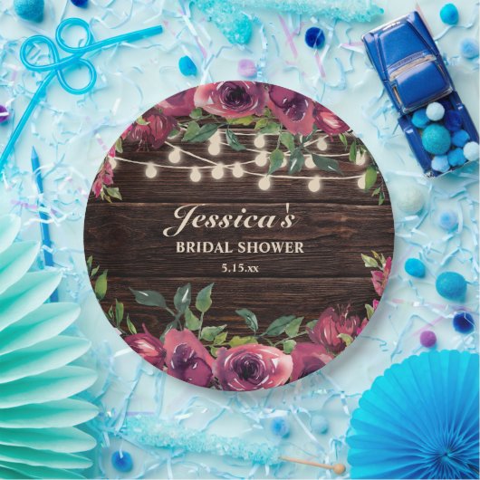 ルスティック バーガンディ フラワー ストリング ライト ブライダル シャワー ペーパープレート (パーティー)