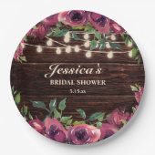 ルスティック バーガンディ フラワー ストリング ライト ブライダル シャワー ペーパープレート (正面)
