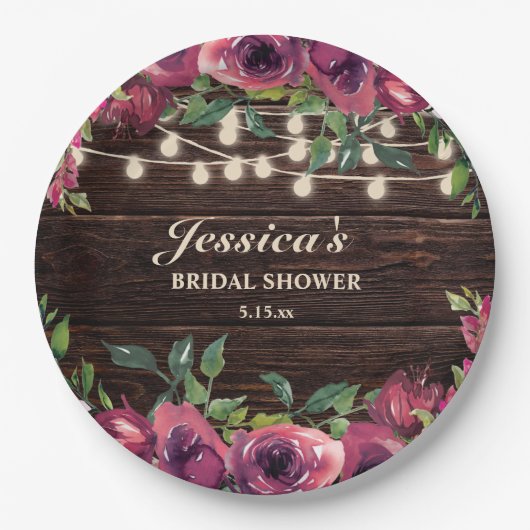 ルスティック バーガンディ フラワー ストリング ライト ブライダル シャワー ペーパープレート (正面)