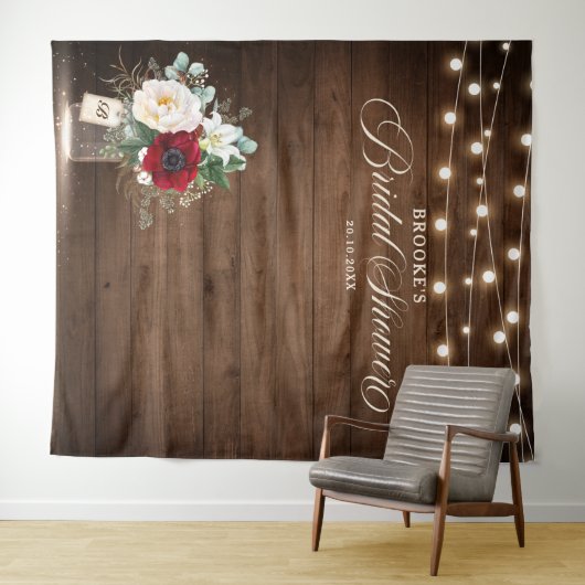 ルスティック バーガンディ フラワー メイソンジャー ブライダルシャワー タペストリー (インサイチュ(横))