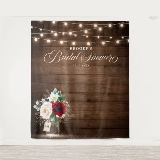 ルスティック バーガンディ フラワー メイソンジャー ブライダルシャワー タペストリー (正面)
