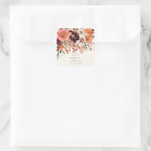 ルスティック バーガンディ フローラル オータム ブライダル シャワー スクエアシール (バッグ)