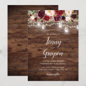 ルスティック バーガンディ フローラル メイソンジャー ライト ウェディング 招待状 (正面/裏面)