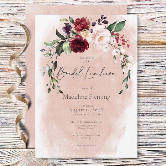 ルスティック バーガンディ & ブッシュピンクのローズ ブライダルランチョン 招待状