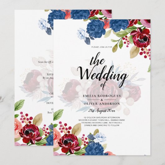 ルスティック バーガンディ ブルー フラワー ウェディング 招待状 (正面/裏面)