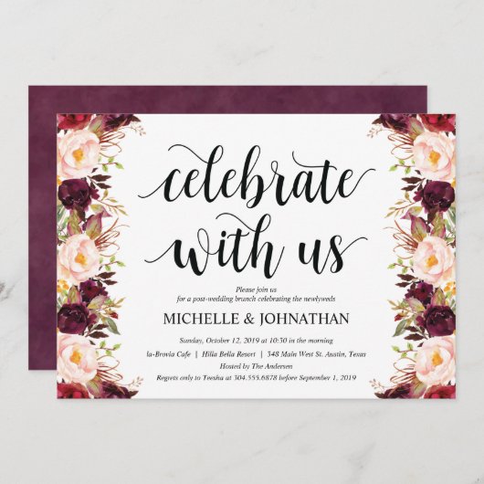 ルスティック バーガンディ ポスト ウェディング インビテーション カード (正面/裏面)