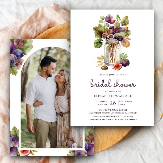ルスティック パープル フィグ メイソンジャー フォト ブライダル シャワー 招待状
