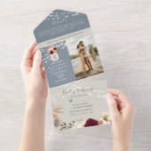 ルスティック フローラル バーガンディーとダスティーブルー ウェディング オールインワン招待状 (貼ってはがせる)