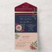 ルスティック フローラル バーガンディ ネイビー ウェディング オールインワン招待状 (内側)