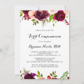 ルスティック ブラッシュ バーガンディ フローラル ファースト コミュニオン 招待状 (正面)