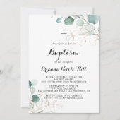 ルスティック ユーカリ ゴールド フローラル カリグラフィー 洗礼 招待状 (正面)